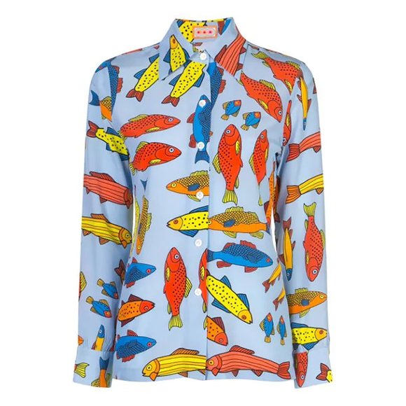 NWT LHD Star Island Blouse Shirt Silk Blue Corsican Trout Print Fish Colorful 4 - Picture 1 of 12